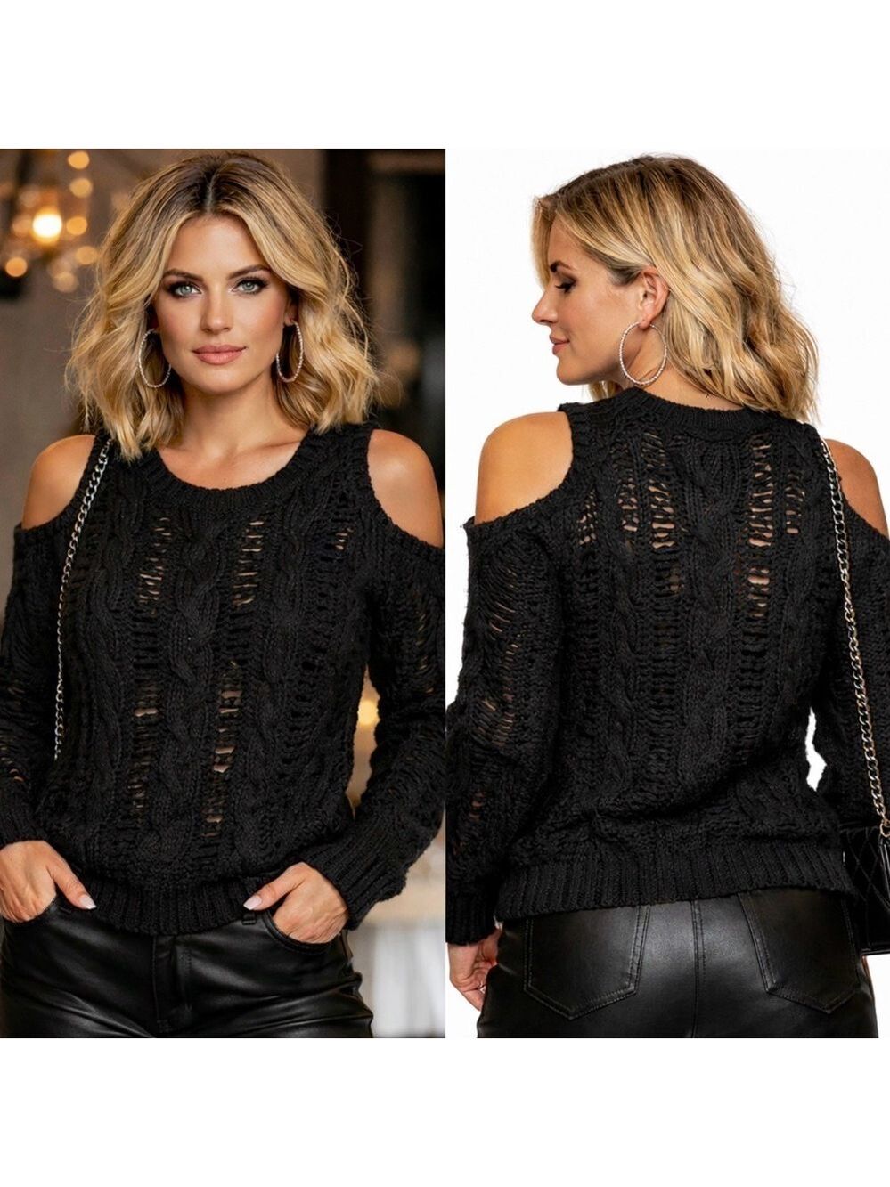 PAM & GELA BLACK COLD SHOULDER SOFT CABLE KNIT SWEATER NWT SIZE LARGE